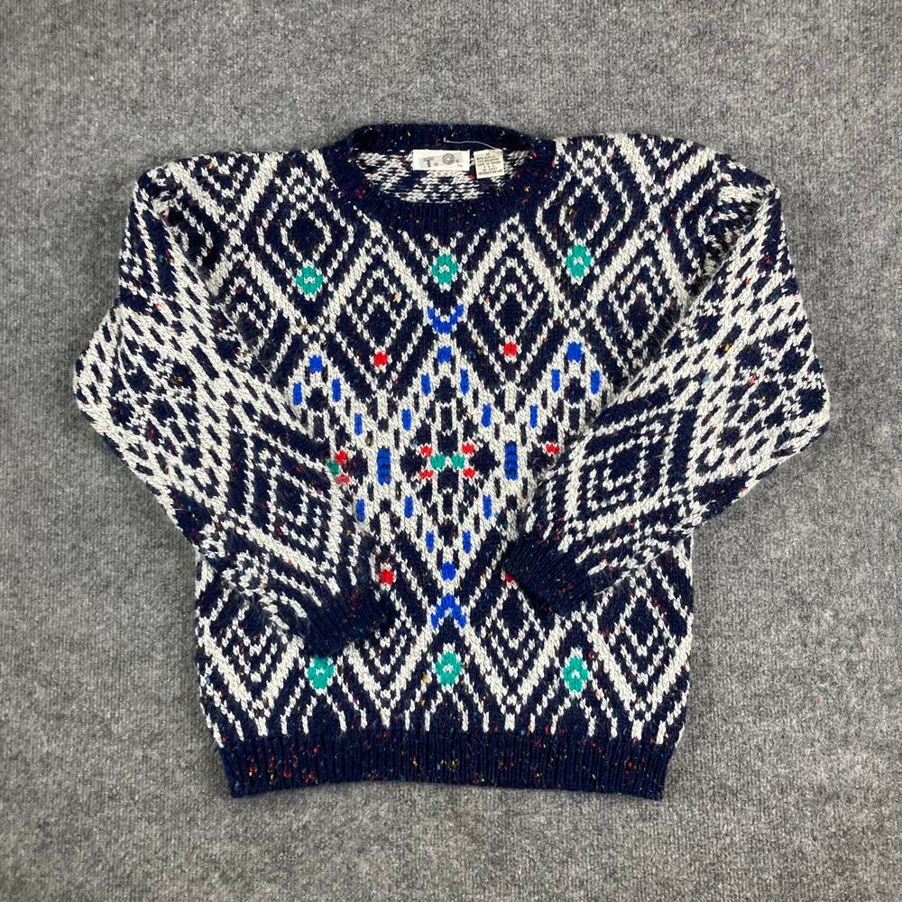 T.Q. Sweater Womens Medium Blue White Geometric Knit Vintage Crewneck